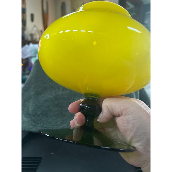 Mid Century Yellow Empoli Glows Orange Cased Glass With Green Pedestal - Picture 9 of 11